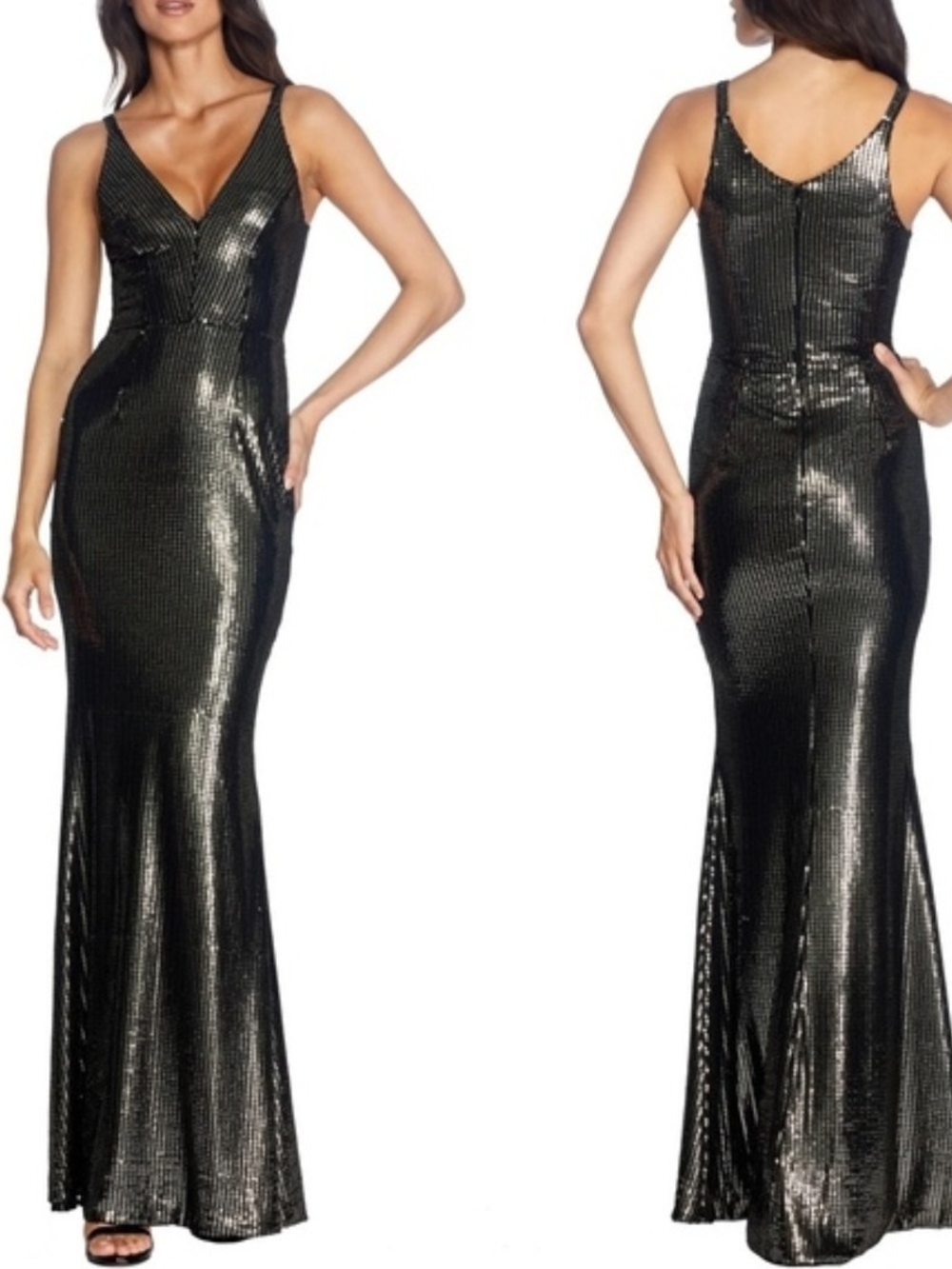Dress the Population Metallic Black Sequin V-Neck Maxi Gown